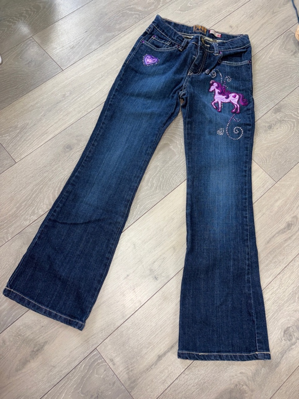 1989 Place Dark Blue Flare Jeans with Pink Horse Embroidery